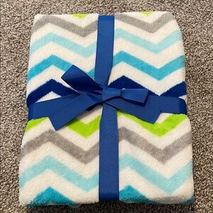 New! Chevron Patterned Baby Blanket with Blue Ribbon